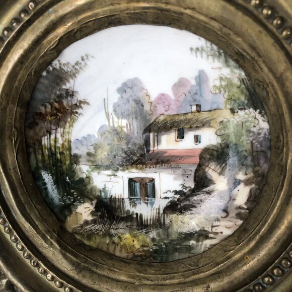 Antique Embossed Brass Frame Hand Painted Miniature Landscape Decor 12" Dia - Picture 2 of 12